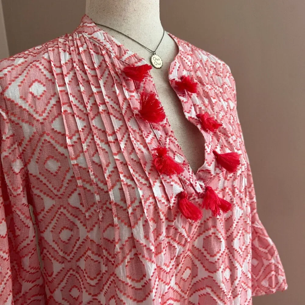 Tommy Bahama Pink Geometric Tassel Cover Up Dress Bell Sleeve Vacation Resort S - Picture 3 of 11